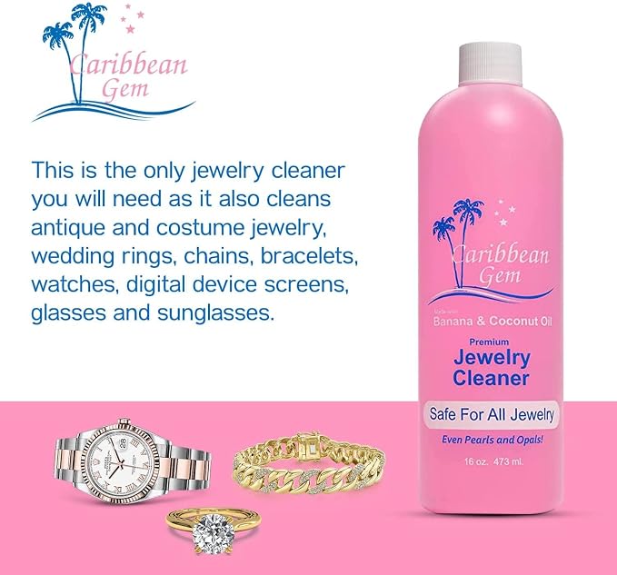 Caribbean Gem USA All Natural Banana & Coconut Oil Jewelry Cleaner with Polishing Cloth, For Gold, Silver and Precious Gems, Ammonia Free, Hypoallergenic Jewelry Cleaning Solution (16oz)
