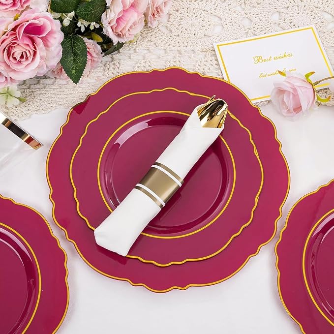 Liacere 350PCS Red Plastic Plates-Disposable Burgundy Red and Gold Plates 50guest Baroque Plastic Dinnerware include 100Plates, 50Pack Pre Rolled Napkins with Silverware 50Cups for Party & Wedding