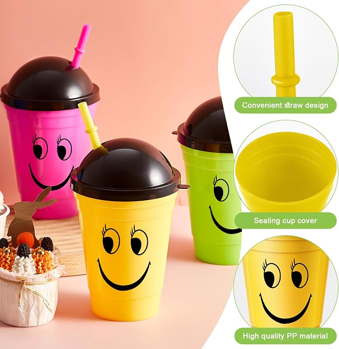 Bokon 12 Pack Smile Face Sipper Cups with Lids and Straws for Kids 12 oz Kids Reusable Plastic Cups with Lids for School Events Birthday Party Supplies, 4 Random Colors