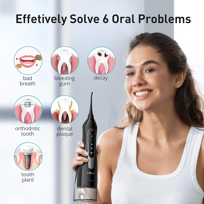 COSLUS ADA Accepted Water Dental Flosser Teeth Pick C20: Portable Cordless Oral Irrigator 300ML Rechargeable Travel Irrigation Cleaner IPX7 Waterproof Electric Flossing Machine, 2PCS, Black & Green
