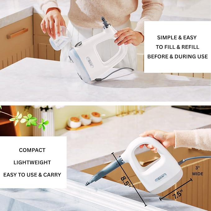 SALAV® CleanSteam Compact Steam Cleaner Pressurized Multi-Surface Handheld Steamer w/11pc Accessories, Safety Lock No-Drip Fast Heat Time Unlimited Use, for Cleaning Windows, Tiles, Grout, Car (White)