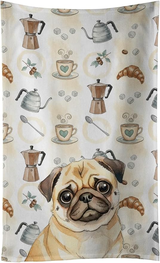 Caroline's Treasures Fawn Pug Coffee Bar Kitchen Towel Velour Plush Front and Cotton Loop Back Machine Washable