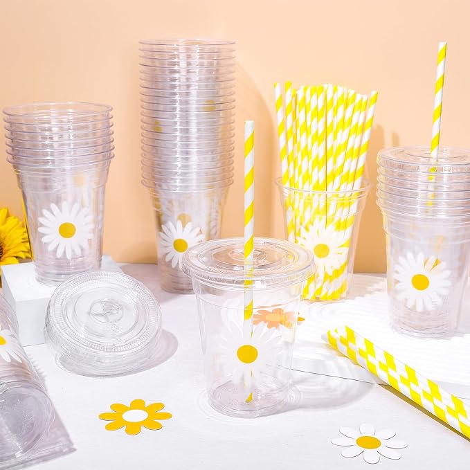 Whaline 50Pcs Daisy Cute Disposable Plastic Cups with Lids and Straws 12Oz Cold Beverage Drinking Cups for Wedding Birthday Baby Shower Favor Supplies