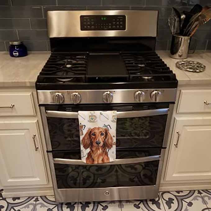 Caroline's Treasures Longhaired Red Dachshund Coffee Bar Kitchen Towel Velour Plush Front and Cotton Loop Back Machine Washable