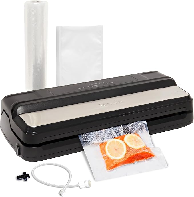 Kenmore Vacuum Sealer Machine - Food Saver Vacuum Sealer with Bags, Dry & Moist Modes, 7 Preset Settings, Includes Bag Roll, Bottle Stopper, Stainless Steel Envasadora al Vacío for Meat,BPA Free