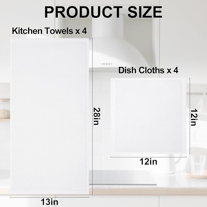 Homaxy 100% Cotton Kitchen Towels and Dishcloths Set, 12 x 12 Inches and 13 x 28 Inches, Set of 8 Bulk Kitchen Towels Set, Ultra Soft Absorbent Dish Cloths for Washing Dishes, White