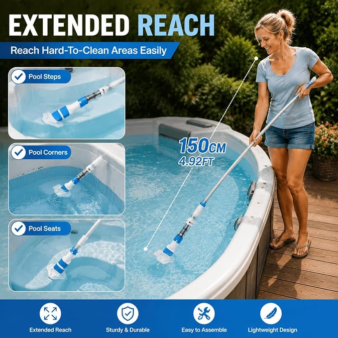 Ultra-Portable Cordless Handheld Vacuum for Hot Tub, Above Ground Pool & Kiddie Pool, USB Charging, 60-Min Runtime, Lightweight Pool Maintenance Tool