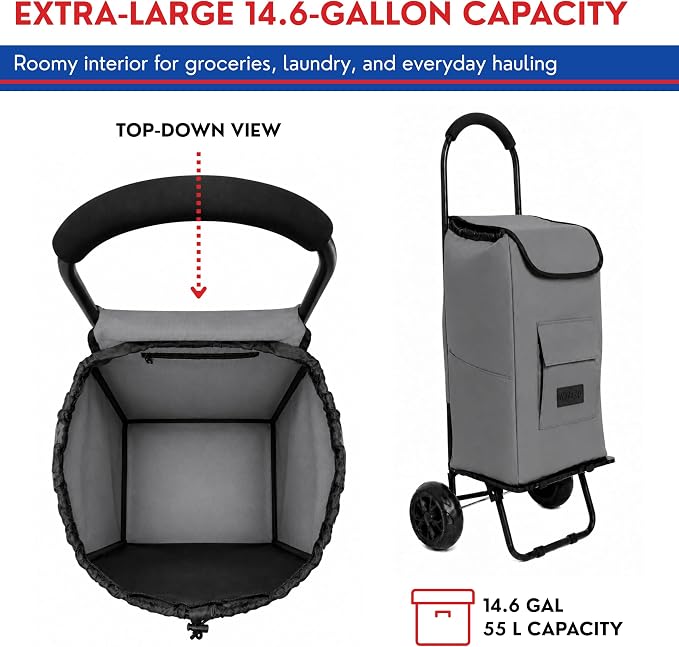 Shopping Cart, Super Loading Grocery Trolley, 220 lbs Capacity, Foldable Cart with Extra Large 55L Shopping Bag Portable Grocery Utility Cart with Adjustable Bungee Cord (Gray)