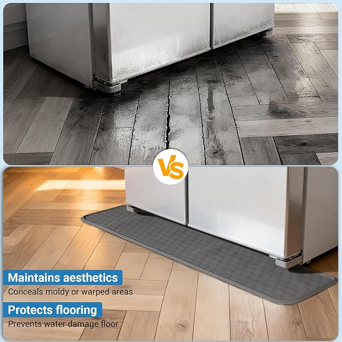 Refrigerator Floor Mat, Decent Silicone Mat in Front of Fridge, Appliance Floor Mat with Lip for Leak Catch and Floor Protect, Drip Tray for Fridge & Water Dispenser & Dishwasher - 37.4"x8.5", Grey