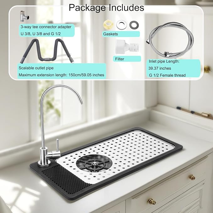 DIBTSA Pitcher Rinser, Stainless Steel Countertop Glass Rinser Cup Washer Sink with Side Spray,Drip Tray for Home Cafe Restaurant
