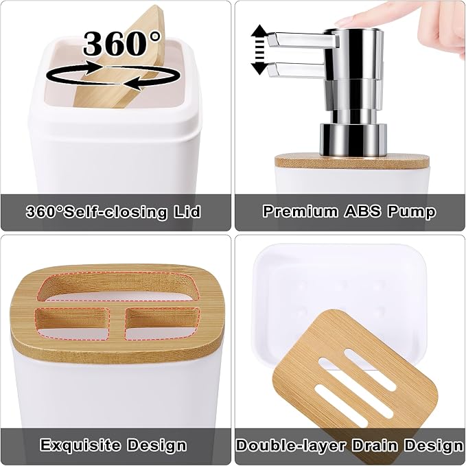 White Bathroom Accessories Set, 9 Piece Bathroom Accessory Set with Trash Can,Toothbrush Holder,Toothbrush Cup,Lotion Soap Dispenser,Vanity Tray,Soap Dish,Toilet Brush,Qtip Holder