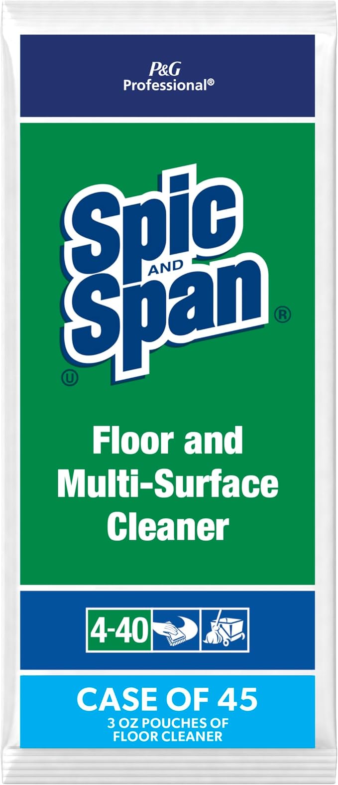 Spic and Span Professional Bulk Floor and Multi-Surface Concentrate Cleaner for Commercial Use, 1 Packet Makes 4 Gallons, 3 oz. Packet (Case of 45)