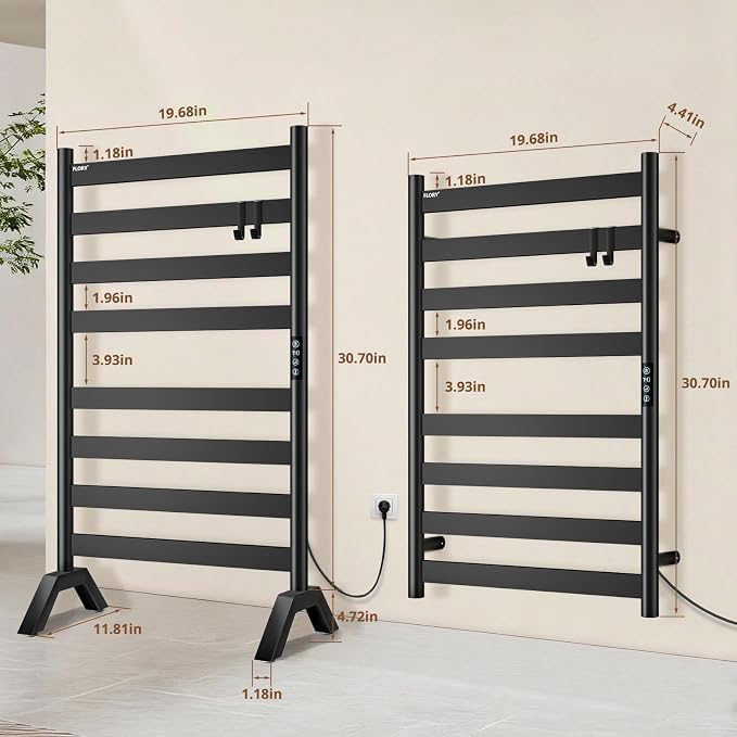 R FLORY Heated Towel Racks for Bathroom Freestanding & Wall Mounted, WiFi-Enable Electric Towel Warmer Rack, Extra-Wide Heating Area Fast Heating with Timer & Temperature Control, 8 Bars, Matte Black