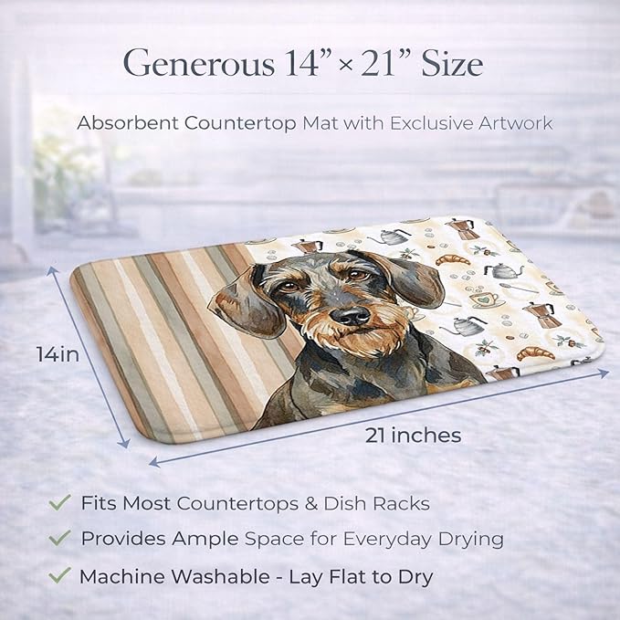 Caroline's Treasures Wirehaired Wild Boar Dachshund Coffee Bar Dish Drying Mat Absorbent Dish Drying Mat Pad for Kitchen Counter Dish Drainer Mat for Countertop, 14 x 21", Multicolor