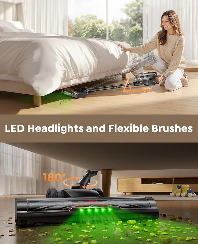 Cordless Vacuum Cleaner, 550W 45KPa 50Mins Vacuum Cleaners for Home, Powerful Stick Vacuum with Green LED Lights, Self-Standing & Anti-Tangle, Lightweight Vacuum for Pet Hair/Carpet/Hard Floor