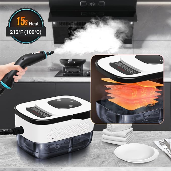 Heapsion Steam Cleaner, Steamer for Cleaning with 15s Fast Heat-Up, 6 Adjustable Levels, 12-Piece Accessories, 1500W Portable Steam Cleaner for Grout, Tiles, Kitchen, Car Detailing, Black and White