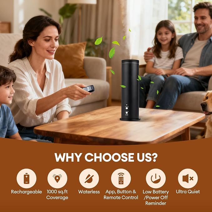 Waterless Scent Diffuser Starter Kit: Aroma Aromatherapy Diffuser | 100ml Cordless Rechargeable APP Smart Remote Control Home Hotel 1000 Sq Ft. Coverage 2 Essential Oils
