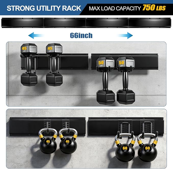 66'' Garage Tool Organizer Wall Mount 18Pack 750lbs Heavy Duty | Include 14 Adjust Hooks Garden Tool Organizer, Garage Wall Organizer for Garden Yard Tool Shovel Rake Broom Ladder Weed Eater