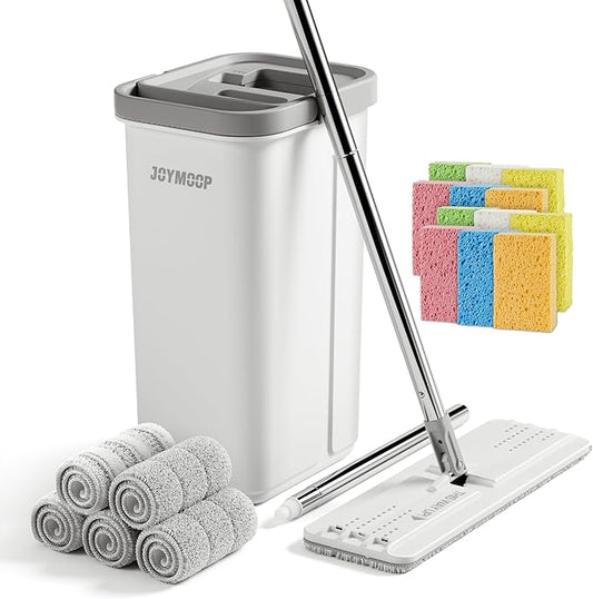 JOYMOOP Hands-Free Mop and Bucket with Wringer Set with Colorful Compressed Sponges, Househould Cleaning Tool of Floor Mop and Cellulose Sponges