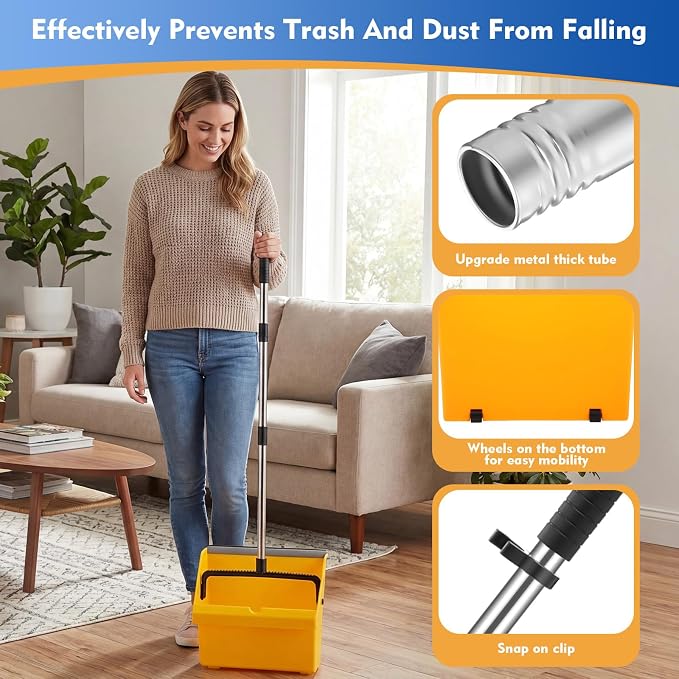Didaey 1 Pcs Commercial Dustpan with Comb 38” Long Handle Upright Heavy Duty Dust Pan Outdoor Indoor for Courtyards Garages Lobby Mall Market Market Floors Office Pet Hair Rubbish Cleaning (Yellow)