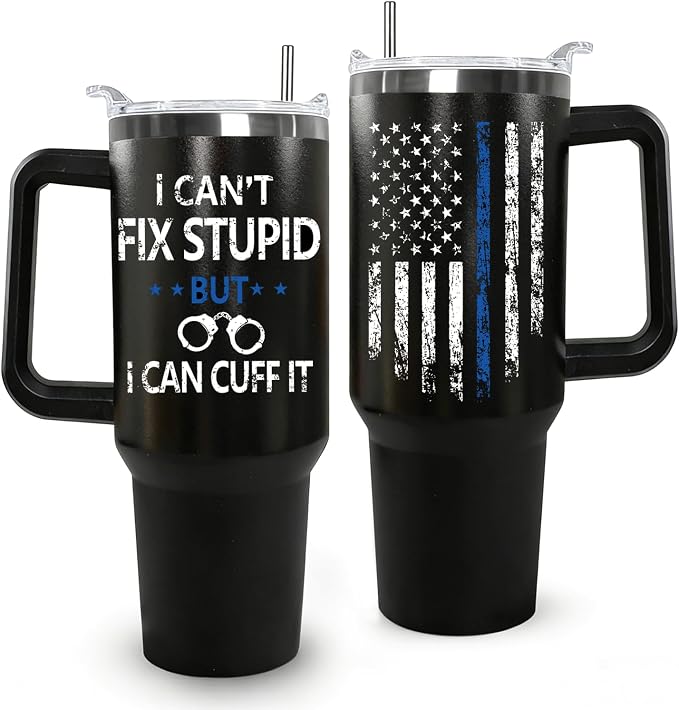 Ceovfoi 40 oz Tumbler with Handle lid and Straw, American Flag Blue Line Stainless Steel Dad Travel Tumbler Cup Mugs,Police Academy Graduation Gifts, Police Gifts for Men Dad