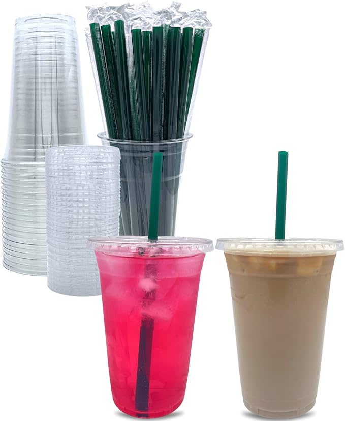 [100 Sets] 24 oz Clear Plastic Cups with Lids and STRAWS, Disposable Party Cups for To Go Iced Coffee Cold Drinks, Smoothie, Juice, Parfait, Frappuccino, Milkshake. No Leaking Fruit Cup