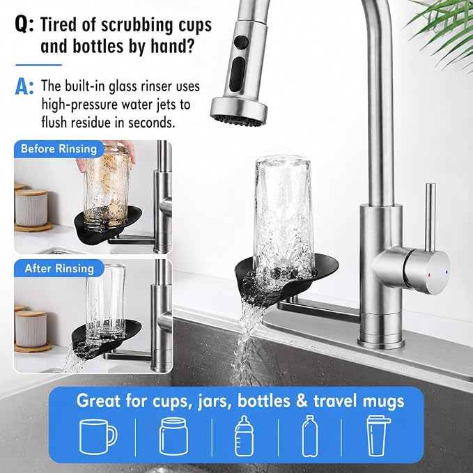 Kitchen Faucet with Glass Rinser, Pull Down Sink Faucet with 3 Spray Modes and High Pressure Glass Rinser, Single Hole 2 in 1 High Arc Stainless Steel Kitchen Faucets (Brushed Nickel)