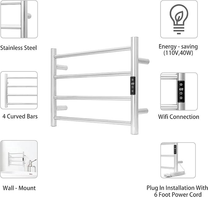 KEG Smart WiFi Towel Warmer Wall Mounted with Built-in Timer and Temperature Adjust Control, 4 Bars Electric Stainless Steel Heated Towel Racks for Bathroom Brushed Nickel