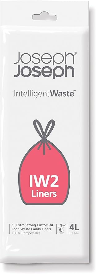 Joseph Joseph Stack 4 Liter/1 Gallon Food Waste Caddy with Odour Filter, Graphite & Joseph Joseph IW2 Biodegradable, Compostable Bags, Pack of 50 Food Waste Bin Liners (4 Liter), White