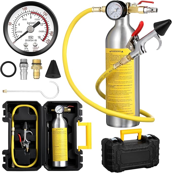 Rossesay AC Flush Kit Air Conditioner System Flush Canister Kit AC Drain Line Cleaner Tool Air Conditioning Pipeline Cleaning Tool Set with Gauge, Air Fittings and Hose for Car Air Conditioner Pipe