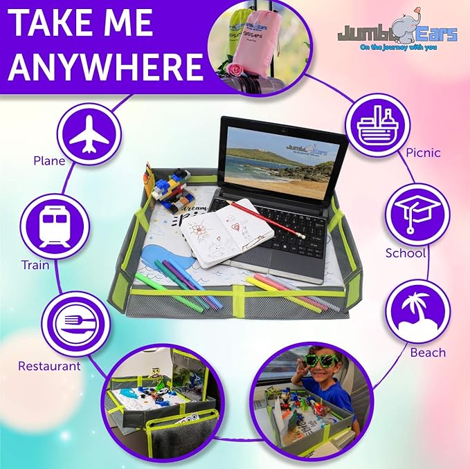 Gray Foldable Origami Kids Travel Tray Placemat Cover, Easy to Setup with Bonus Portable Multipurpose Side Pockets Organizer for Tablets and Phones Activities or Snacks for Toddler