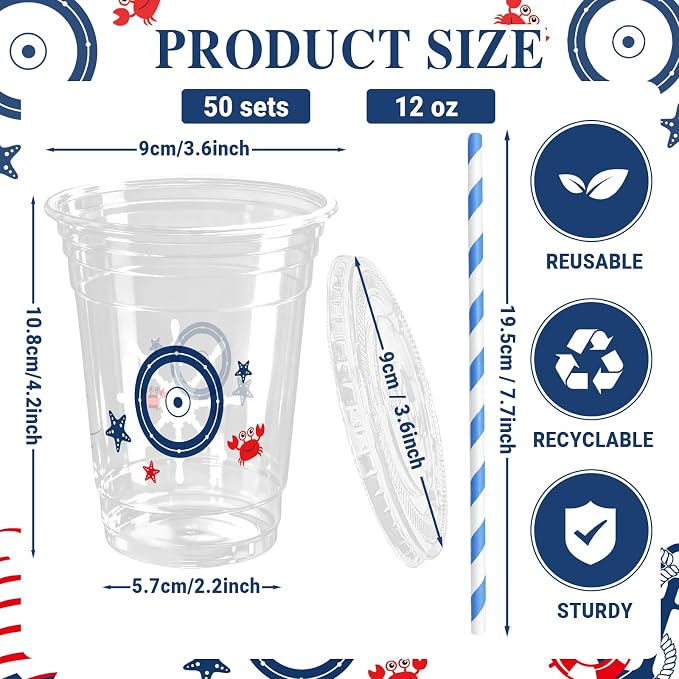 50 Sets Ocean Plastic Cups with Lids Straws 12 oz Blue Starfish Seashell Bow Disposable Cups Clear Under The Sea Drinking Cold Beverage Cup for Summer Beach Party Supplies