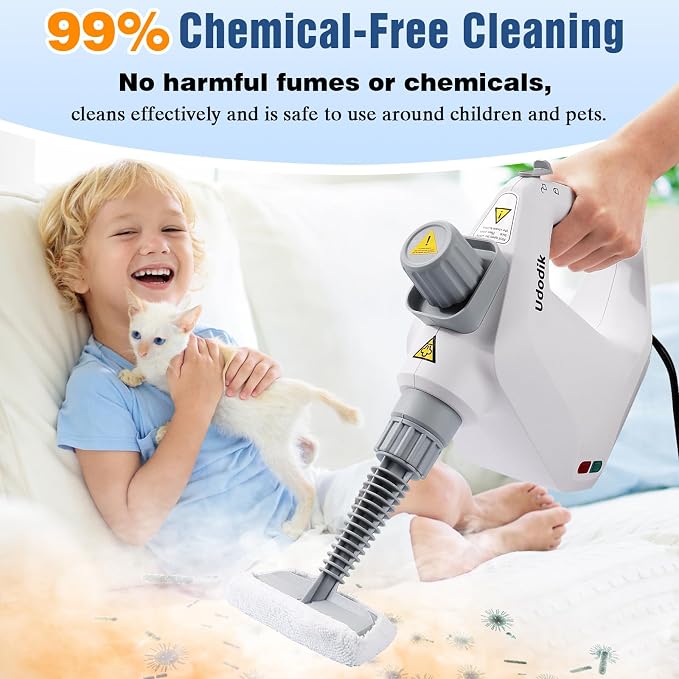 Handheld Steam Cleaner, versatile and portable design, comes with a safety lock and a 10-piece accessory set to easily remove dirt and grease (white).