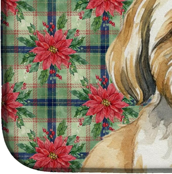 Caroline's Treasures Gold and White Shih Tzu Christmas PoinsettIas Dish Drying Mat Absorbent Dish Drying Mat Pad for Kitchen Counter Dish Drainer Mat for Countertop, 14 x 21", Multicolor