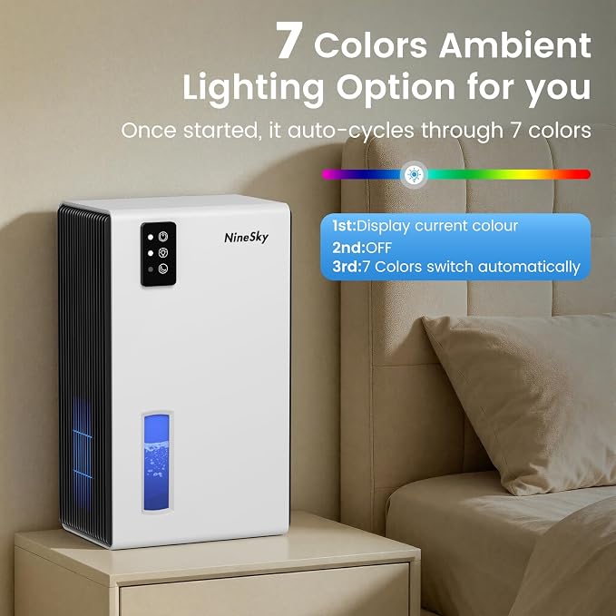 NineSky Dehumidifiers for Home, 1000 Sq.Ft Dehumidifier with 95oz Water Tank, Quiet Dehumidifier for Basement Bathroom Bedroom with 7-Color Ambient Light & Auto Shut Off, White