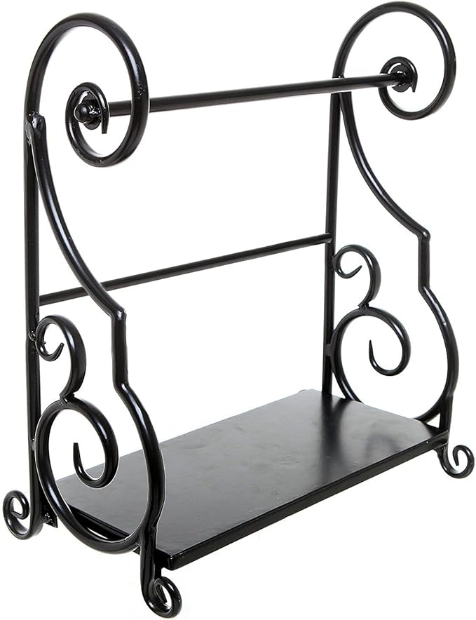 MyGift Paper Towel Holder Countertop with Shelf – Black Metal Freestanding Decorative Organizer for Kitchen, Scrollwork Design, Horizontal Storage for Spices, Napkins, and Condiments