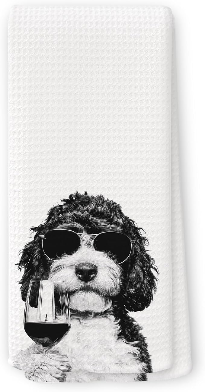 Funny Bernedoodle Wine Kitchen Towels, Gifts for Dog Wine Lovers, Bar Accessories Dish Tea Towels for Kitchen, Dog Owners Housewarming Gift Decorative Hand Towel 16x24 Inch