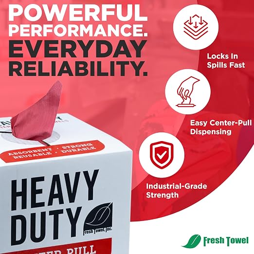 Fresh Towel Heavy Duty Center Pull Shop Towel Rags for Cleaning- (1 Box of 160 Sheets) Disposable Cleaning Towels - 9 x 12 inches - FT800 (Red)