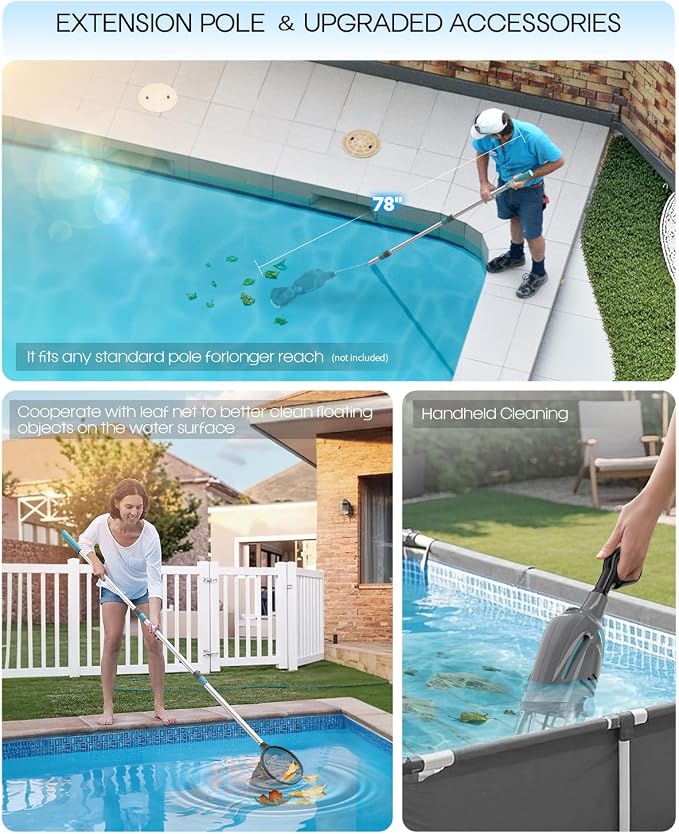 Cordless Handheld Pool Vacuum, Pool Vacuum for Above Ground Pool with Telescopic Pole and Leaf-Scooping Net, Rechargeable Pool Cleaner 18.5 Gal/Min Suction, 80 Min Runtime, Dual-Filter Cleaning System