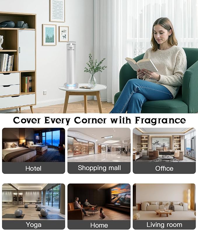 Wireless Scent Machine,1800 Sq.Ft APP Control LED Light Ultra Quiet | Waterless Cold Air Aromatherapy Diffuser, Button Control, Sleek Silver Design, for Modern Home & Bedroom