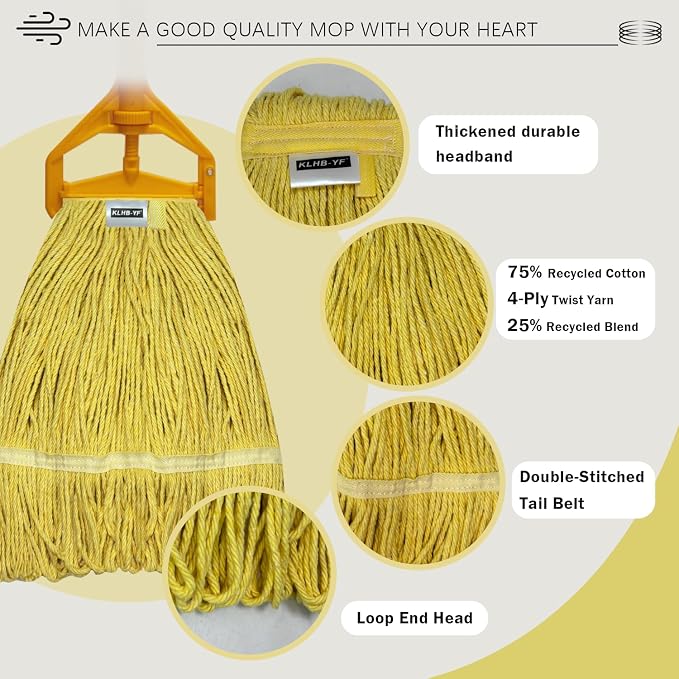 Commercial Cotton Mop Heavy-Duty Industrial with 2 Replacement Heads 152 cm Handle Replacement mop Head (Yellow)