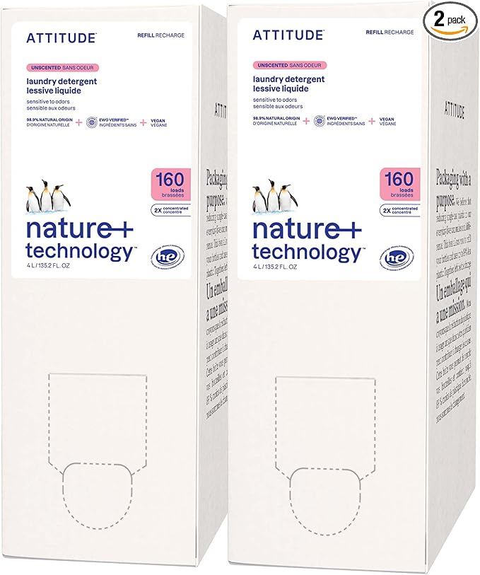 ATTITUDE Liquid Laundry Detergent Refill, EWG Verified, HE Compatible, Plant-Based & Vegan, Natural Laundry Soap, Unscented, 160 Loads, 135.26 Fl Oz (Pack of 2)