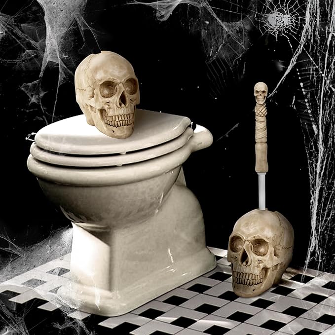 Toilet Brush and Holder Set for Bathroom,Skullduggery Skeleton Gothic Bathroom Decor Toilet Bowl Brush Set,Space Saving for Storage, Drip-Proof, Easy to Assemble, Deep Cleaning