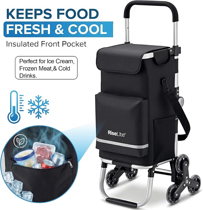 Stair Climbing Cart - Shopping Cart with Wheels for Stairs, Foldable Tri-Wheel Grocery Cart for Seniors & Apartments, 55L Bag with Insulated Cooler, Adjustable Handle, 110 Lbs, Waterproof