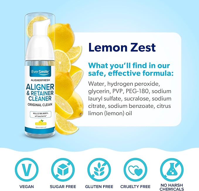 EverSmile AlignerFresh Original Clean Foam – Cleaner for All Clear Aligners & Retainers – Whitens Teeth, Fights Bad Breath – Lemon Zest, 50ml (1 Pack)