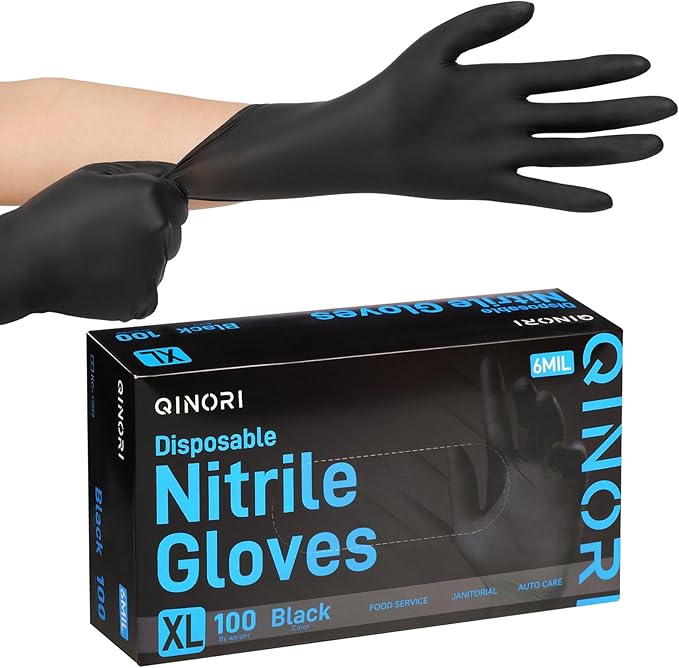 Black 6 Mil Nitrile Gloves HEAVY DUTY Disposable Chemical Resistant Latex & Powder Free,Food, Mechanic,Cleaning Gloves