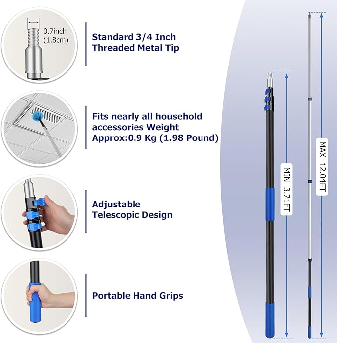 12FT Telescopic Extension Pole | 3-12FT Adjustable Aluminum Paint Roller & Cleaning Pole | Universal Twist-On Metal Tip | Sturdy Multi-Purpose Household Tool for Dusting, Painting & More