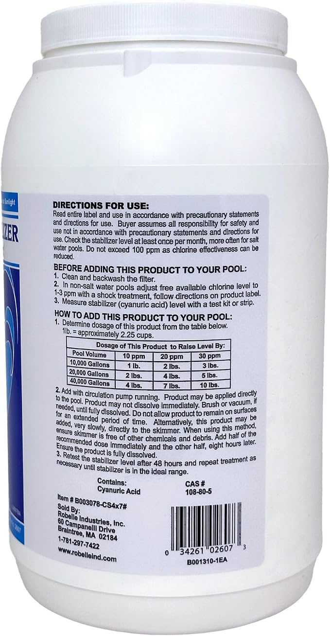 Robelle 7-Pounds Premium Chlorine Stabilizer and Conditioner, Concentrated Cyanuric Acid for Pools, Pool Stabilizer, Helps Chlorine Last Longer, Made in USA