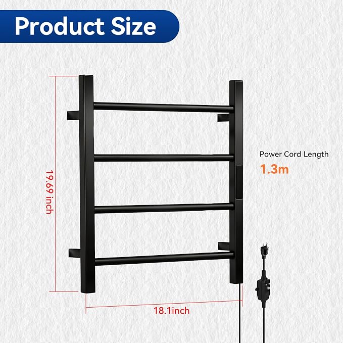 Heated Towel Racks for Bathroom, Hot Towel Warmer 4 Bars with 24hr Timer Stainless Steel Wall Mounted Electric Towel Warmers for Bathroom (Black, 4-Bar)