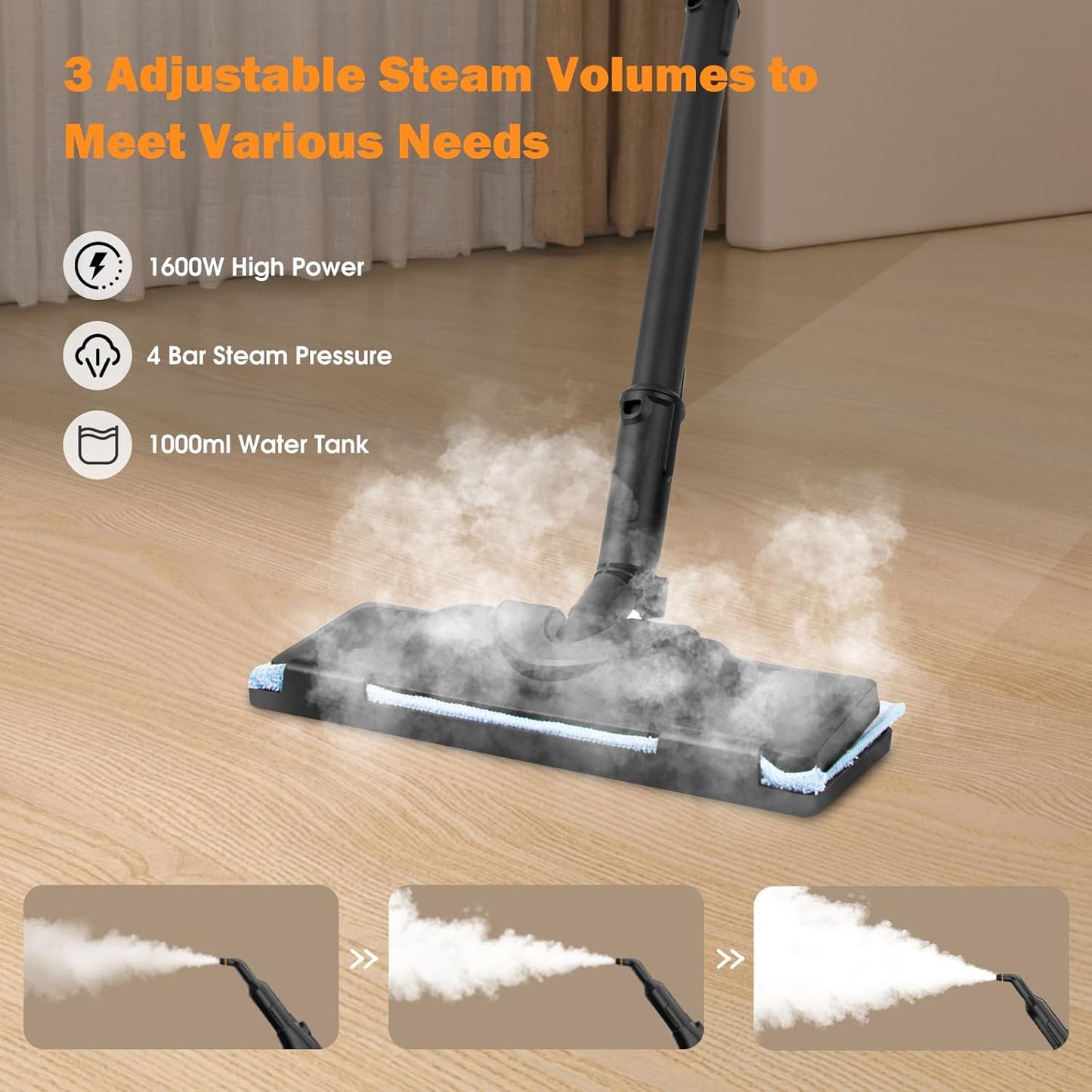Powerful Steam Cleaner for Home, Chemical-Free Multipurpose Steam Cleaner, 3-Steam Volumes Comfy Handle, Portable Deep Cleaning Lightweight Steamer for Car Detailing Carpet Upholstery Tile Grout